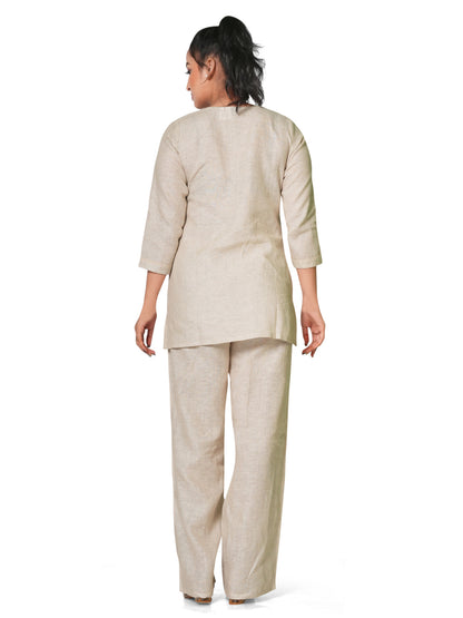 Asymmetric Neck Pure Linen Co-Ord Set in Beige