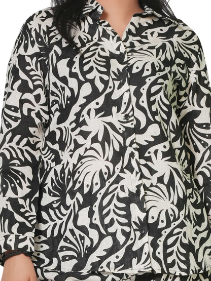 Women's Black & White Leaf Print Linen Co-ord Set – Shirt & Straight Pant