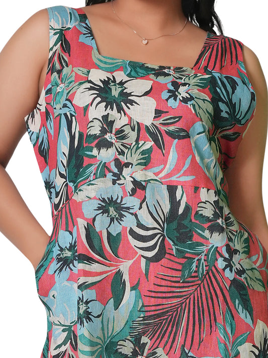Tropical Coral Floral Sleeveless Linen Dress Sabr India