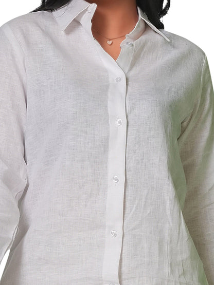Women's Pure Linen Set – White Shirt & Beige Trousers