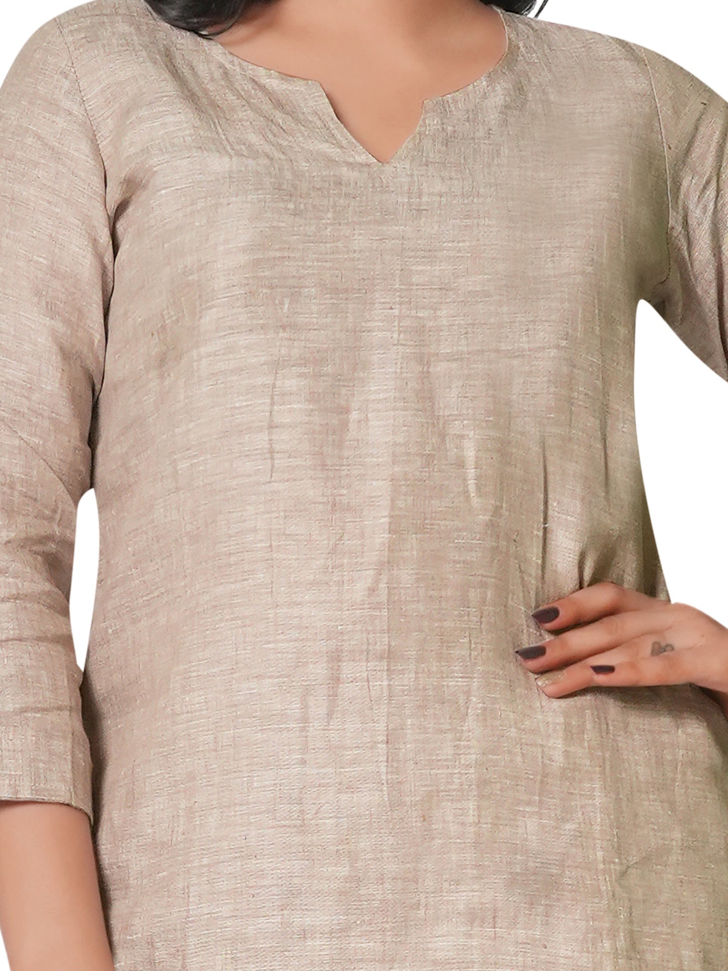 Women's Embroidered Pure Linen Co-ord Set – Beige Kurta & Straight Pants