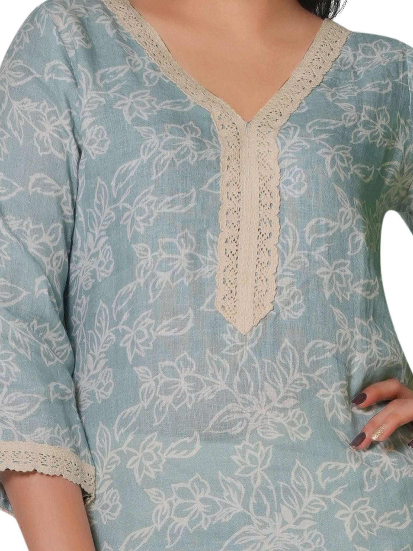 Mint Blue Floral Printed Linen Kurti with Lace Detailing