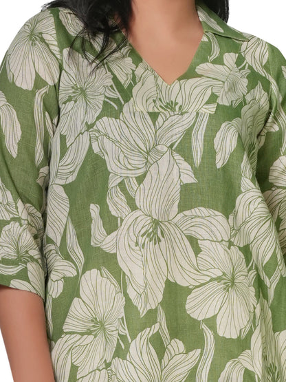 Women's Green Floral Printed Linen Kurti – V-Neck 3/4 Sleeve