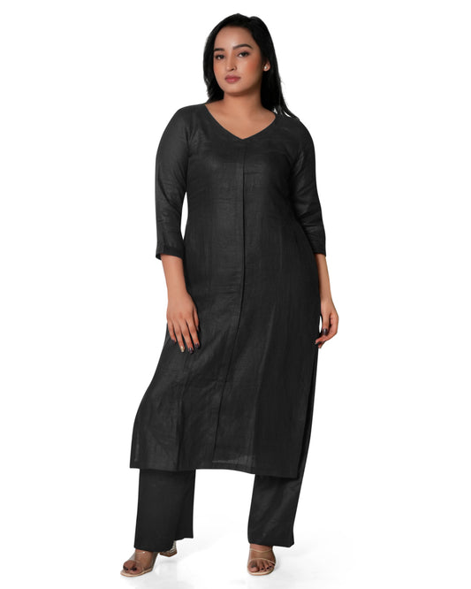 Solid Black Pure Linen Kurta Pant Co-Ord Set for Women
