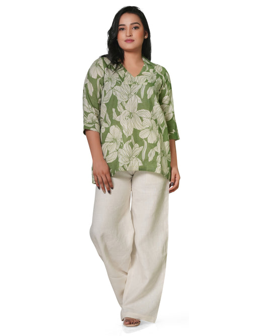 Women's Green Floral Printed Linen Kurti – V-Neck 3/4 Sleeve