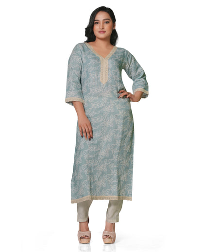 Mint Blue Floral Printed Linen Kurti with Lace Detailing