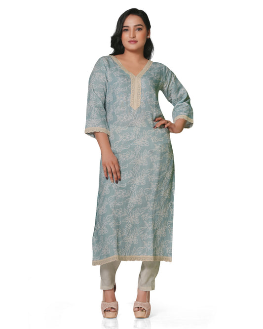 Mint Blue Floral Printed Linen Kurti with Lace Detailing