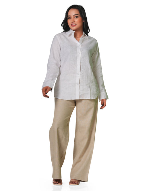 Women's Pure Linen Set – White Shirt & Beige Trousers