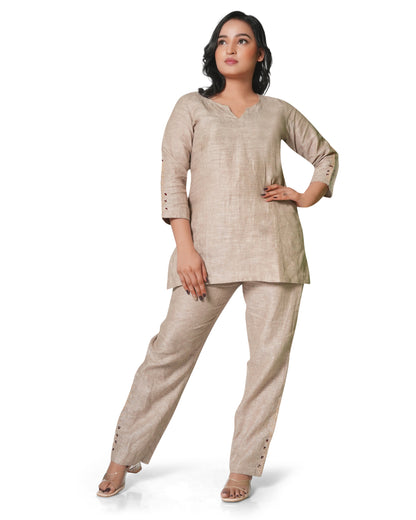 Women's Embroidered Pure Linen Co-ord Set – Beige Kurta & Straight Pants