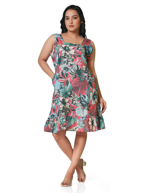 Tropical Coral Floral Sleeveless Linen Dress