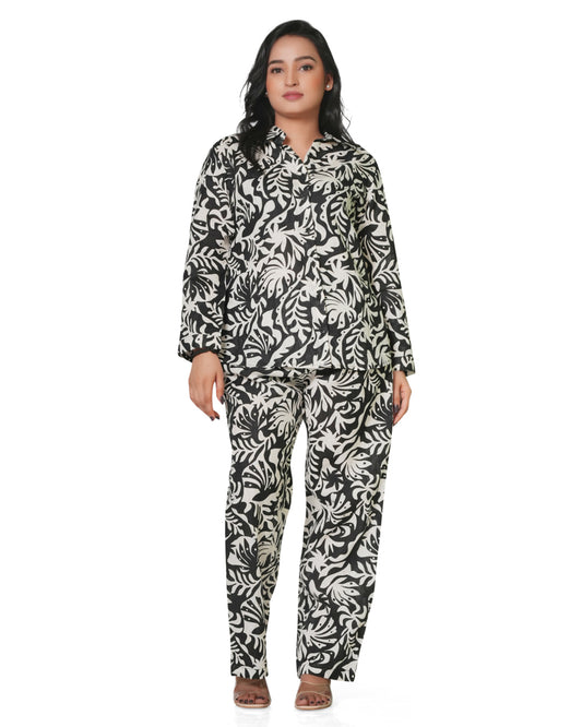 Women's Black & White Leaf Print Linen Co-ord Set – Shirt & Straight Pant
