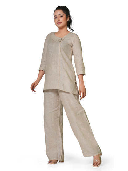 Asymmetric Neck Pure Linen Co-Ord Set in Beige