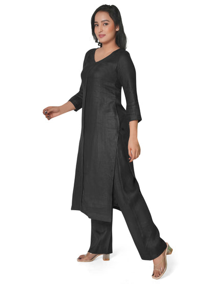 Solid Black Pure Linen Kurta Pant Co-Ord Set for Women