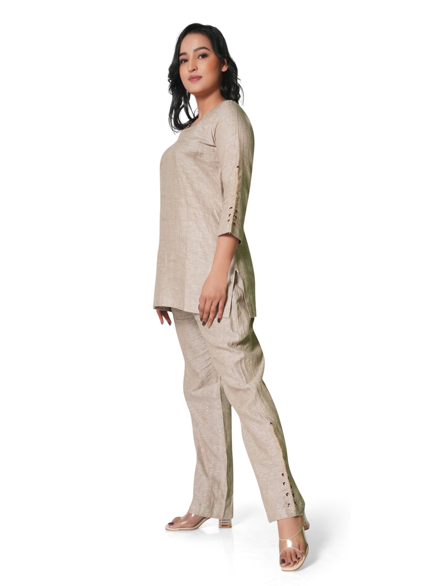 Women's Embroidered Pure Linen Co-ord Set – Beige Kurta & Straight Pants