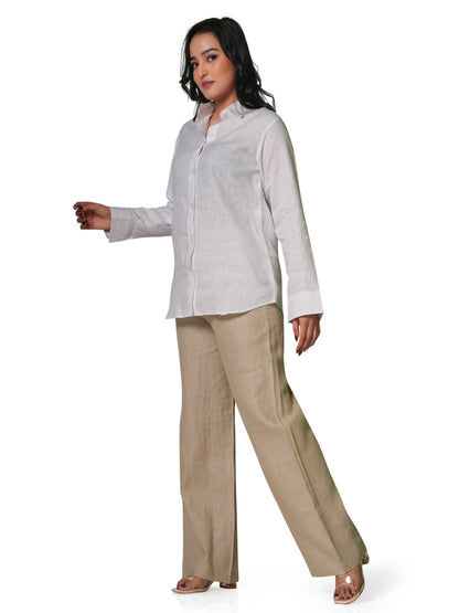Women's Pure Linen Set – White Shirt & Beige Trousers