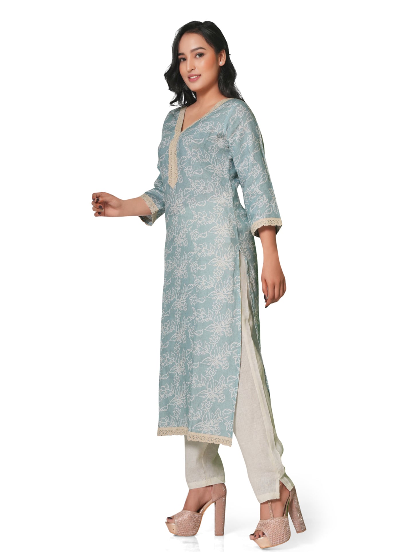 Mint Blue Floral Printed Linen Kurti with Lace Detailing