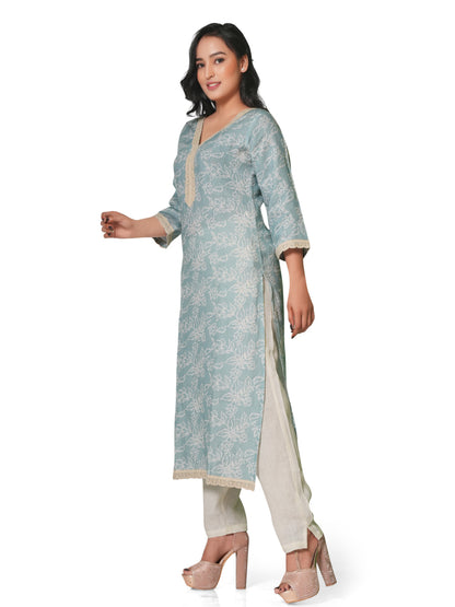 Mint Blue Floral Printed Linen Kurti with Lace Detailing