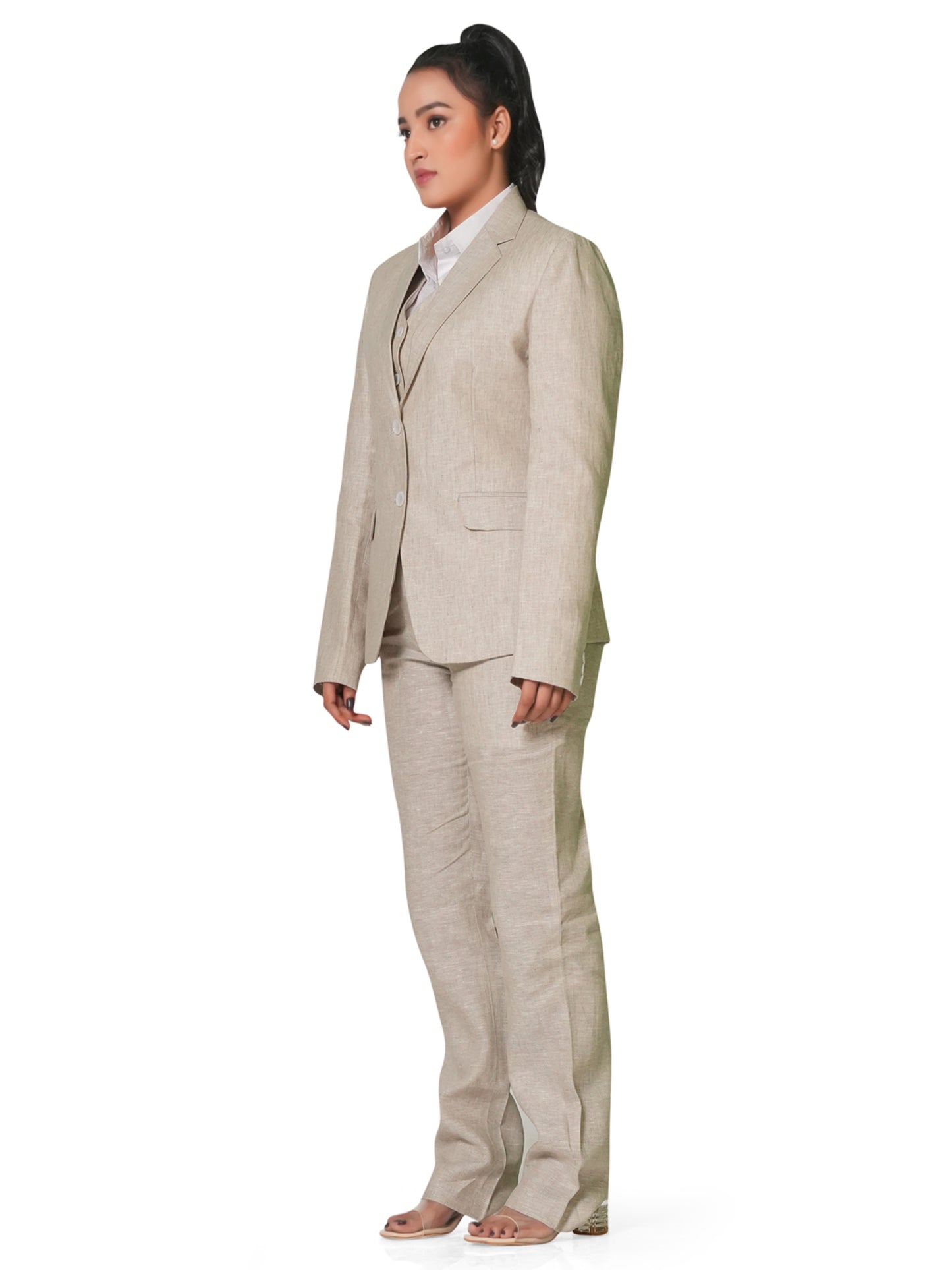 Natural Beige Pure Linen 3-Piece Suit Set for Women