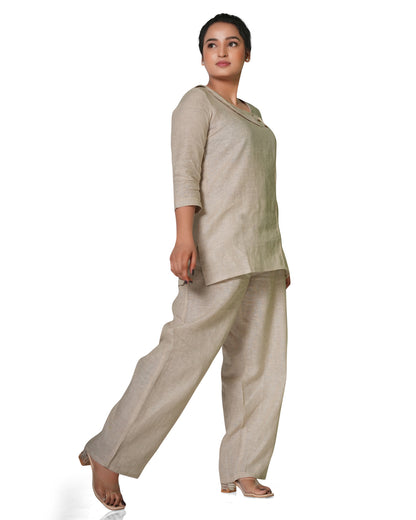 Asymmetric Neck Pure Linen Co-Ord Set in Beige