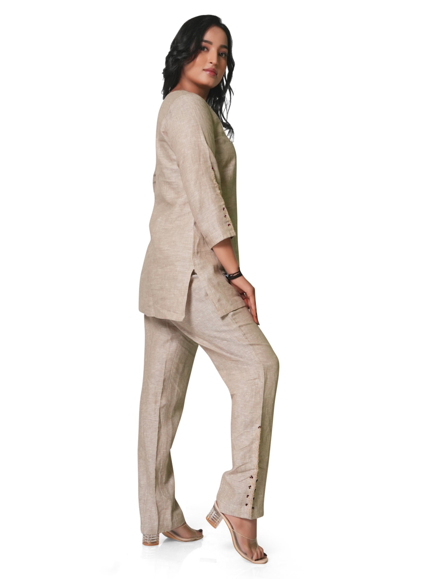 Women's Embroidered Pure Linen Co-ord Set – Beige Kurta & Straight Pants