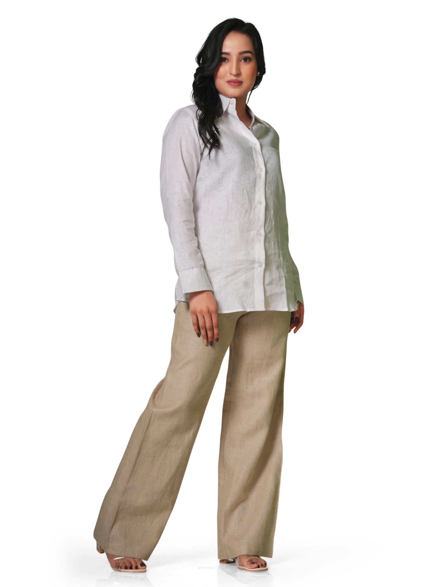 Women's Pure Linen Set – White Shirt & Beige Trousers