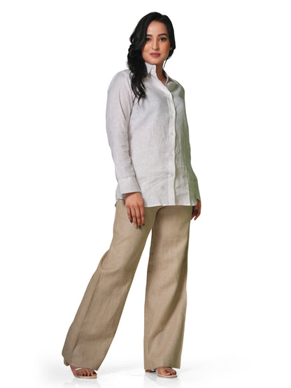 Women's Pure Linen Set – White Shirt & Beige Trousers