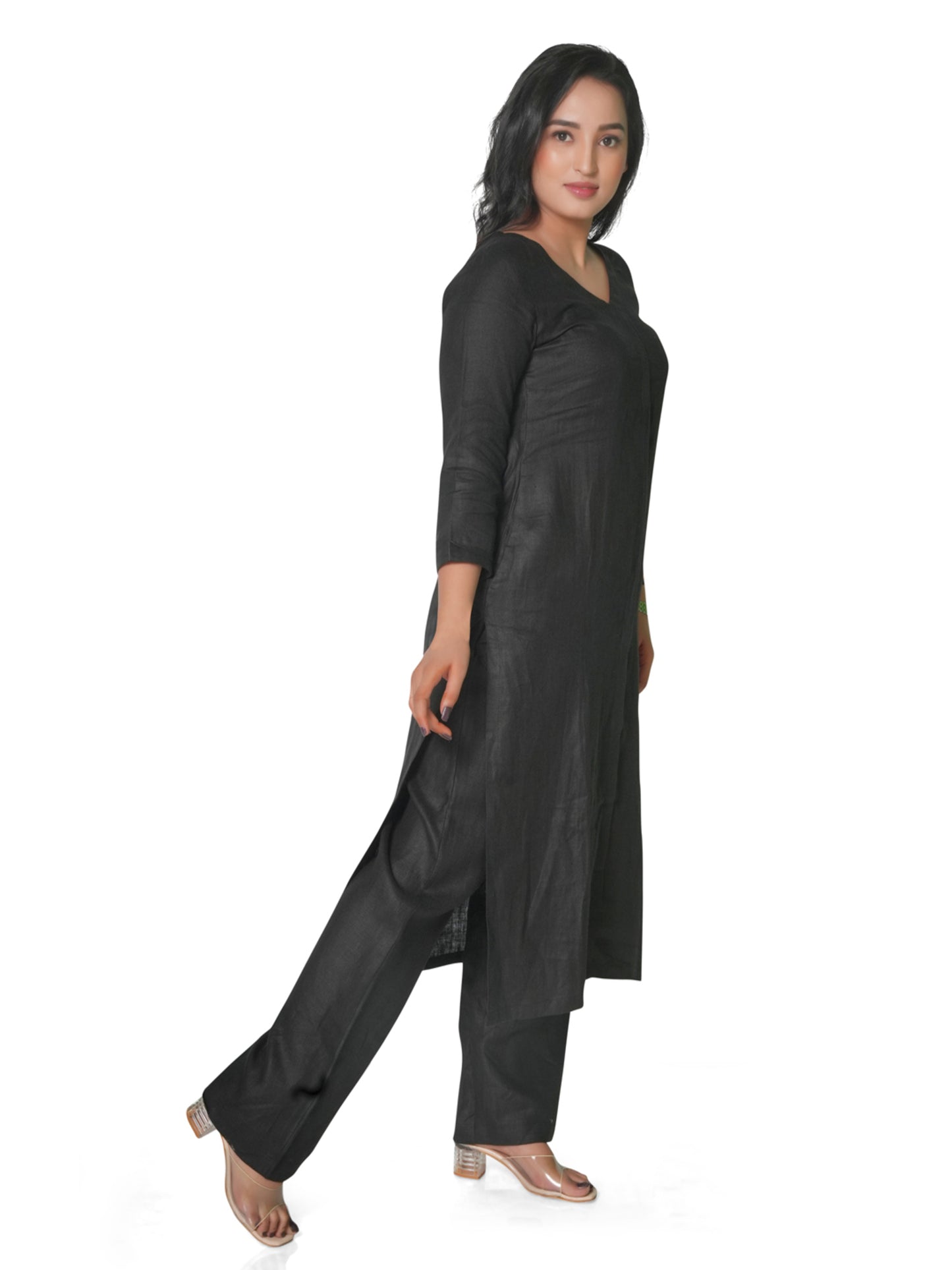 Solid Black Pure Linen Kurta Pant Co-Ord Set for Women