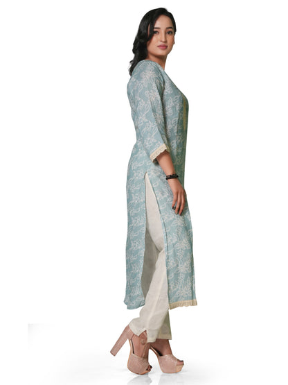 Mint Blue Floral Printed Linen Kurti with Lace Detailing