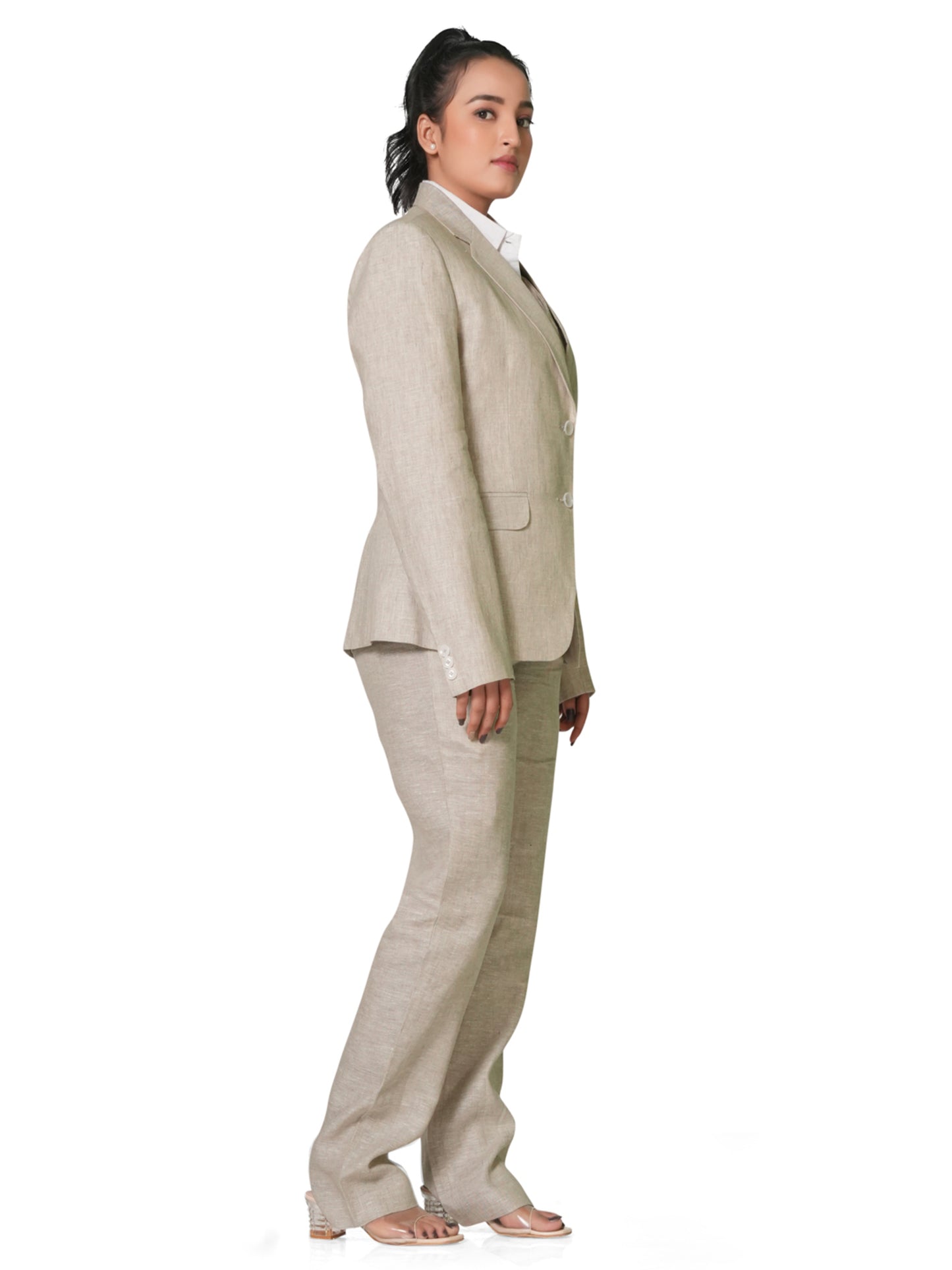 Natural Beige Pure Linen 3-Piece Suit Set for Women
